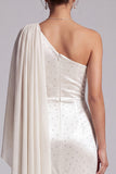 Ivory Sheath One Shoulder Draped Ruched Long Formal Dress with Beaded