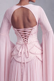 Blush Corset Chiffon Jacquard Beaded Tiered Peplum A-Line Long Prom Dress with Flared Sleeves