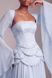 Blush Corset Chiffon Jacquard Beaded Tiered Peplum A-Line Long Prom Dress with Flared Sleeves