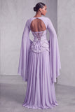 Blush Corset Chiffon Jacquard Beaded Tiered Peplum A-Line Long Prom Dress with Flared Sleeves