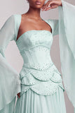 Blush Corset Chiffon Jacquard Beaded Tiered Peplum A-Line Long Prom Dress with Flared Sleeves