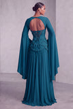 Blush Corset Chiffon Jacquard Beaded Tiered Peplum A-Line Long Prom Dress with Flared Sleeves