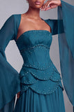 Blush Corset Chiffon Jacquard Beaded Tiered Peplum A-Line Long Prom Dress with Flared Sleeves