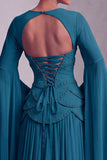 Blush Corset Chiffon Jacquard Beaded Tiered Peplum A-Line Long Prom Dress with Flared Sleeves