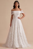 White A-Line Off the Shoulder Embroidered Sequins Maxi Wedding Dress
