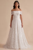 White A-Line Off the Shoulder Embroidered Sequins Maxi Wedding Dress