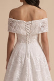 White A-Line Off the Shoulder Embroidered Sequins Maxi Wedding Dress