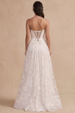 White A-Line Embroidery Ruched Strapless Satin Long Wedding Dress with Side Slit