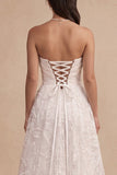 White A-Line Embroidery Ruched Strapless Satin Long Wedding Dress with Side Slit