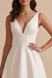 White A-Line V-Neck Satin Ruched Maxi Wedding Dress