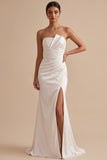 White Mermaid Satin Strapless Ruched Maxi Wedding Dress with Slit