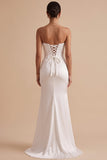 White Mermaid Satin Strapless Ruched Maxi Wedding Dress with Slit