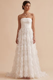 White A-Line Strapless Feathered Long Wedding Dress