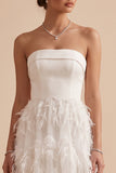 White A-Line Strapless Feathered Long Wedding Dress