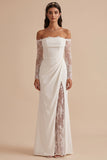 White Sheath Off the Shoulder Satin Lace Long Sleeves Ruched Maxi Wedding Dress with Slit