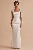 White Sheath Square Neck Satin Ruched Long Wedding Dress with Cape