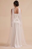 White Sheath Square Neck Satin Ruched Long Wedding Dress with Cape