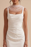 White Sheath Square Neck Satin Ruched Long Wedding Dress with Cape