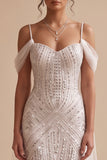 White Mermaid Cold Shoulder Sequins Beaded Long Wedding Dress
