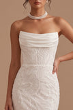 White Mermaid Cowl Neck Sequins Maxi Wedding Dress with Beading