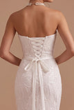 White Mermaid Cowl Neck Sequins Maxi Wedding Dress with Beading