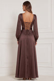Espresso Square Neck A-Line Long Sleeves Satin Maxi Dress with Slit