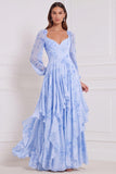 A-Line Tiered V-Neck Long Sleeves Sage Chiffon Dress with Ruffles