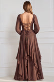 A-Line Tiered V-Neck Long Sleeves Sage Chiffon Dress with Ruffles