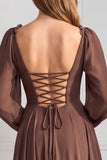 A-Line Tiered V-Neck Long Sleeves Sage Chiffon Dress with Ruffles
