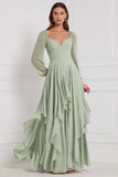 A-Line Tiered V-Neck Long Sleeves Sage Chiffon Dress with Ruffles