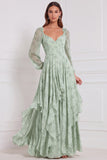 A-Line Tiered V-Neck Long Sleeves Sage Chiffon Dress with Ruffles
