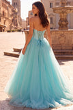 Mint Corset Pearls Strapless A-Line Tulle Satin Long Ball Dress