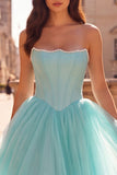 Mint Corset Pearls Strapless A-Line Tulle Satin Long Ball Dress