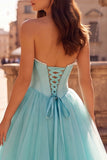 Mint Corset Pearls Strapless A-Line Tulle Satin Long Ball Dress