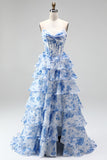 Blue A-Line Corset Printed Tiered Ruffled Ruched Chiffon Strapless Long Prom Dress