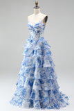 Blue A-Line Corset Printed Tiered Ruffled Ruched Chiffon Strapless Long Prom Dress