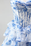 Blue A-Line Corset Printed Tiered Ruffled Ruched Chiffon Strapless Long Prom Dress