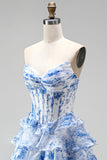 Blue A-Line Corset Printed Tiered Ruffled Ruched Chiffon Strapless Long Prom Dress