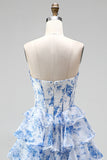 Blue A-Line Corset Printed Tiered Ruffled Ruched Chiffon Strapless Long Prom Dress
