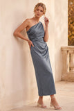 Sage Green Satin Sheath One Shoulder Ruched Midi Wedding Guest Dress