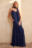 Olive Satin Tiered Spaghetti Straps Chiffon Long Wedding Guest Dress with Pockets