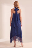 Navy A-Line Satin Strapless Midi Wedding Guest Dress with Lace