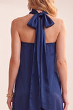 Navy A-Line Satin Strapless Midi Wedding Guest Dress with Lace