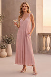 Dusty Rose V-Neck A-Line Long Wedding Guest Dress with Pockets