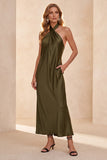 Olive Halter Sheath Satin Long Wedding Guest Dress with Pockets