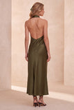 Olive Halter Sheath Satin Long Wedding Guest Dress with Pockets