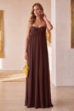 Coffee A-Line Ruched Chiffon Spaghetti Straps Long Wedding Guest Dress