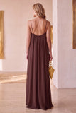 Coffee A-Line Ruched Chiffon Spaghetti Straps Long Wedding Guest Dress
