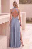 Dusty Blue A-Line Halter Basque Waist Long Wedding Guest Dress with Slit