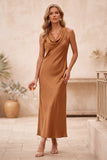 Burnt Orange Cowl Neck Satin Sheath Maxi Wedding Guest Dress with Lace